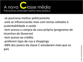 A nova       Classe média
Precisamos entender melhor esse público


-se posiciona melhor politicamente
-está se influenciando mais com temas voltados à
sustentabilidade e saúde
-tem acesso a compra da casa própria (programas de
incentivo do Governo)
-tem acesso ao crédito
-preferem lojas de rua a shoppings
-68% dos jovens da classe C estudaram mais que os




                                                     Fonte: Instituto Data Popular
pais
 