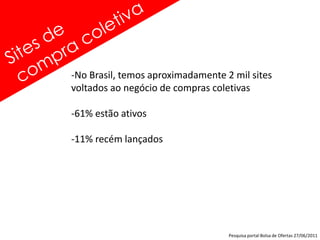 -No Brasil, temos aproximadamente 2 mil sites
voltados ao negócio de compras coletivas

-61% estão ativos

-11% recém lançados




                                   Pesquisa portal Bolsa de Ofertas 27/06/2011
 