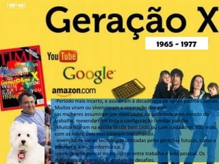 1965 - 1977




-Período mais incerto, e assistiram à decadência de vários padrões sociais.
Muitos viram ou vivenciaram a separação dos pais
-as mulheres assumiram um novo papel na sociedade e no mundo do
trabalho, mexendo com toda a configuração familiar padrão.
-Muitos ficaram na escola desde bem cedo ou com cuidadoras, não mais
com as mães, pois elas estavam trabalhando.
-invenção de várias tecnologias utilizadas pelas gerações futuras, como a
internet e a microinformática.
-começarama pensar no equilíbrio entre trabalho e vida pessoal. Os
indivíduos da ‘geração X‘ gostam de desafios.
 