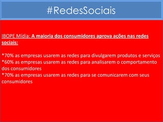 #RedesSociais

IBOPE Mídia: A maioria dos consumidores aprova ações nas redes
sociais:

*70% as empresas usarem as redes para divulgarem produtos e serviços
*60% as empresas usarem as redes para analisarem o comportamento
dos consumidores
*70% as empresas usarem as redes para se comunicarem com seus
consumidores
 