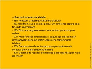 o Acesso à Internet via Celular
- 49% Acessam a Internet utilizando o celular
- 9% Acreditam que o celular possui um ambiente seguro para
troca de informações
- 18% Sinto-me seguro em usar meu celular para compras
online
- 67% Mais funções direcionadas a segurança precisam ser
desenvolvidas para me sentir seguro em comprar pelo
telefone




                                                              Fonte: pesquisa GS&MD – Gouvêa de Souza
- 27% Demorará um bom tempo para que o número de
compras por celular (dados) aumente
- 37% Gostaria de receber promoções e propagandas por meio
do celular
 