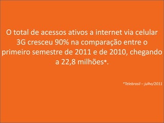 O total de acessos ativos a internet via celular
    3G cresceu 90% na comparação entre o
primeiro semestre de 2011 e de 2010, chegando
                a 22,8 milhões*.

                                    *Telebrasil – julho/2011
 
