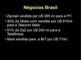 Négocios Brasil
➔ Zipmail vendida por U$ 365 mi para a PT;
➔ 30% da Globo.com vendida por U$ 810mi


  para a Telecom Itália;
➔ 51% da ZaZ por U$ 240 mi para a


  Telefônica;
➔ Ibest vendida para a BrT por U$ 71mi;
 