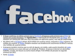 • O Ibope conﬁrmou na úl1ma semana que o Facebook ultrapassou pela primeira vez o Orkut no 
  número de usuário brasileiro. Em Agosto/2011, a informação foi divulgada pelo site Alexa, que 
  mantém um ranking dos 500 sites mais acessados em diferentes países, mas não foi conﬁrmada.
• No úl1mo mês o Facebook a1ngiu 30,9 milhões de usuários únicos, enquanto o Orkut registrou 29 
  milhões de usuários. O TwiRer também manteve sua tendência de crescimento no Brasil e marcou 
  14,2 milhões de usuários únicos.
• A pesquisa também mostrou que no mês de Agosto, em média, cada usuário brasileiro de redes 
  sociais conectou‐se a esses sites por um tempo de 7h14min. O acesso à internet em domicílios, 
  trabalho, escolas, lan houses ou outros locais a1ngiu 77,8 milhões de pessoas no segundo 
  trimestre de 2011.
• Fonte: O Globo
 