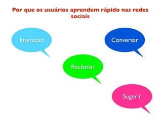Por que os usuários aprendem rápido nas redes
                    sociais



  Interação                     Conversar



                   Reclamar



                                    Sugerir
 