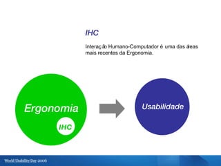 IHC Interação Humano-Computador é uma das áreas mais recentes da Ergonomia. Ergonomia IHC Usabilidade 