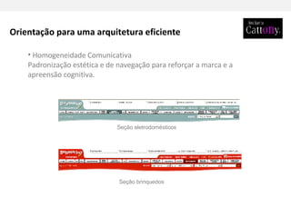 Orientação para uma arquitetura eficiente Homogeneidade Comunicativa Padronização estética e de navegação para reforçar a marca e a apreensão cognitiva.  Seção eletrodomésticos Seção brinquedos 