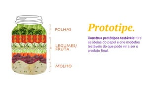 Prototipe.
Construa protótipos testáveis: tire
as ideias do papel e crie modelos
testáveis do que pode vir a ser o
produto final.
 