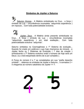 Símbolos de Júpiter e Saturno


     Saturno: Kronos... A Matéria simbolizada na Cruz... a força (
símbolo da Lua – circunferência incompleta ‘’adquirindo experiência )
em repouso... Com toda potencialidade evolutiva.




           Júpiter: Zeus... A Matéria ainda presente simbolizada na
Cruz... A força ( símbolo da Lua – circunferência incompleta
‘’adquirindo experiência ) em total exaltação... Com toda
potencialidade evolutiva ‘’adquirida’’.

Saturno simboliza na Cosmogênese o 1º Sistema de evolução...
Quando foi criado em potência o que hoje chamamos de mineral... e
Júpiter fecha os 7 Sistemas de Evolução ( 7 dias da criação )
simbolizando o 7º Sistema evolutivo onde o humano de hoje será um
Deus ( ou o terá despertado dentro de si por completo ).

A Força do número 2 e 7 se completados em sua ‘’grafia desenho
símbolo’’... obtemos os símbolos de Júpiter e Saturno... e somados 2 +
5 chegamos ao número cabalístico de Júpiter => 7.




                                                                     2
 