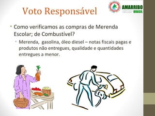 Voto Responsável
• Como verificamos as compras de Merenda
  Escolar; de Combustível?
 • Merenda, gasolina, óleo diesel – notas fiscais pagas e
   produtos não entregues, qualidade e quantidades
   entregues a menor.
 