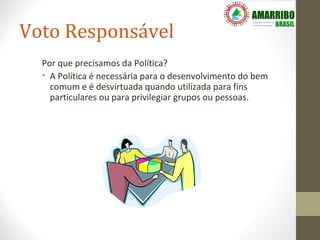 Voto Responsável
  Por que precisamos da Política?
  • A Política é necessária para o desenvolvimento do bem
    comum e é desvirtuada quando utilizada para fins
    particulares ou para privilegiar grupos ou pessoas.
 