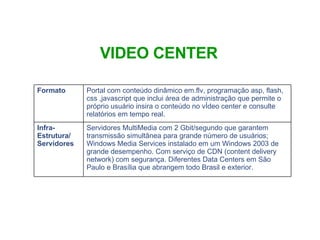 VIDEO CENTER Servidores MultiMedia com 2 Gbit/segundo que garantem transmissão simultânea para grande número de usuários; Windows Media Services instalado em um Windows 2003 de grande desempenho. Com serviço de CDN (content delivery network) com segurança. Diferentes Data Centers em São Paulo e Brasília que abrangem todo Brasil e exterior. Infra-Estrutura/ Servidores Portal com conteúdo dinâmico em.flv, programação asp, flash, css ,javascript que inclui área de administração que permite o próprio usuário insira o conteúdo no vÍdeo center e consulte relatórios em tempo real.  Formato 