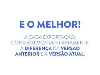 E O MELHOR!
!
A CADA EXPORTAÇÃO,
CONSEGUIMOS VER EXATAMENTE
A DIFERENÇA DA VERSÃO
ANTERIOR E A VERSÃO ATUAL.
 