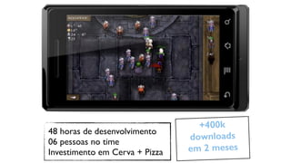 +400k
downloads
em 2 meses
48 horas de desenvolvimento
06 pessoas no time
Investimento em Cerva + Pizza
 