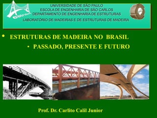 UNIVERSIDADE DE SÃO PAULO
ESCOLA DE ENGENHARIA DE SÃO CARLOS
DEPARTAMENTO DE ENGENHARIA DE ESTRUTURAS
LABORATÓRIO DE MADEIRAS E DE ESTRUTURAS DE MADEIRA
• ESTRUTURAS DE MADEIRA NO BRASIL
• PASSADO, PRESENTE E FUTURO
Prof. Dr. Carlito Calil Junior
 