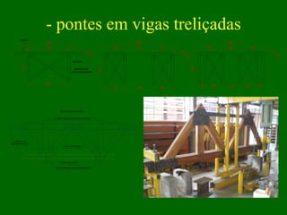 - pontes em vigas treliçadas
380
100 120 100
220
5
7,5
rodeiro
elemento de
contraventamento
tabuleiro
140
380
100 120 100
5
7,5
90 140 90
140
380
100 120 100
5
7,5
90 80 90 3030
140
Parafusos com
diâmetro de 20 mm
Chapas metálicas das ligações superiores
Banzo superior de madeira
Diagonais de madeira
Banzo inferior de aço
Chapas metálicas das ligações inferiores
 