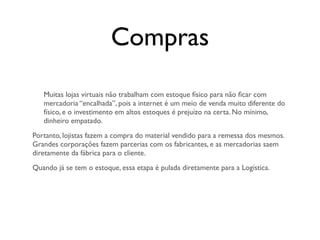 Compras
   Muitas lojas virtuais não trabalham com estoque físico para não ﬁcar com
   mercadoria “encalhada”, pois a internet é um meio de venda muito diferente do
   físico, e o investimento em altos estoques é prejuízo na certa. No mínimo,
   dinheiro empatado.
Portanto, lojistas fazem a compra do material vendido para a remessa dos mesmos.
Grandes corporações fazem parcerias com os fabricantes, e as mercadorias saem
diretamente da fábrica para o cliente.
Quando já se tem o estoque, essa etapa é pulada diretamente para a Logística.
 