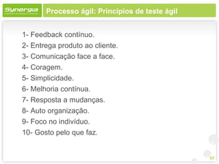 Processo ágil: Princípios de teste ágil


1- Feedback contínuo.
2- Entrega produto ao cliente.
3- Comunicação face a face.
4- Coragem.
5- Simplicidade.
6- Melhoria contínua.
7- Resposta a mudanças.
8- Auto organização.
9- Foco no indivíduo.
10- Gosto pelo que faz.


                                                 17
 