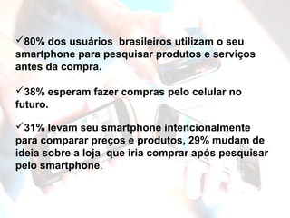 80% dos usuários brasileiros utilizam o seu
smartphone para pesquisar produtos e serviços
antes da compra.

38% esperam fazer compras pelo celular no
futuro.

31% levam seu smartphone intencionalmente
para comparar preços e produtos, 29% mudam de
ideia sobre a loja que iria comprar após pesquisar
pelo smartphone.
 