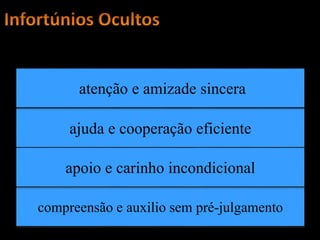 A dor das pessoas que jazem em leitos
A mãe com dificuldades de manter os filhos
A tristeza da criança abandonada
O sofrimento do escravo do vício
ajuda e cooperação eficiente
compreensão e auxilio sem pré-julgamento
atenção e amizade sincera
apoio e carinho incondicional
 