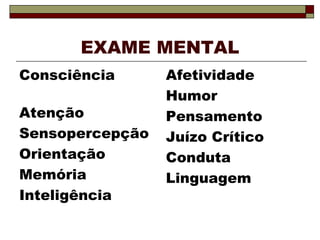 EXAME MENTAL
Consciência
Atenção
Sensopercepção
Orientação
Memória
Inteligência
Afetividade
Humor
Pensamento
Juízo Crítico
Conduta
Linguagem
 