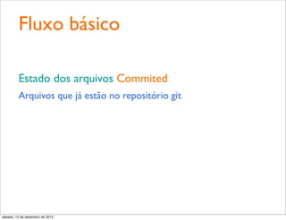 Fluxo básico

         Estado dos arquivos Commited
         Arquivos que já estão no repositório git




sábado, 15 de dezembro de 2012
 