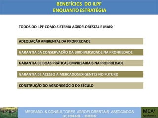 TODOS DO ILPF COMO SISTEMA AGROFLORESTAL E MAIS:
ADEQUAÇÃO AMBIENTAL DA PROPRIEDADE
GARANTIA DE BOAS PRÁTICAS EMPRESARIAIS NA PROPRIEDADE
GARANTIA DA CONSERVAÇÃO DA BIODIVERSIDADE NA PROPRIEDADE
CONSTRUÇÃO DO AGRONEGÓCIO DO SÉCULO
BENEFÍCIOS DO ILPF
ENQUANTO ESTRATÉGIA
GARANTIA DE ACESSO A MERCADOS EXIGENTES NO FUTURO
 