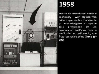 1958
Dentro do Brookhaven National
Laboratory , Willy Higinbotham
criou o que muitos chamam de
primeiro videogame: um jogo de
tênis programado em um
computador analógico com o
auxílio de um osciloscópio, que
ficou conhecido como Tennis for
Two.
 