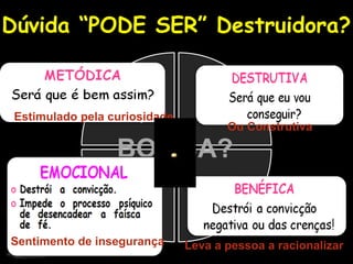 Dúvida “PODE SER” Destruidora?
. .
.
.
BOMBA?
Sentimento de insegurança
Estimulado pela curiosidade
Leva a pessoa a racionalizar
Ou Construtiva
 