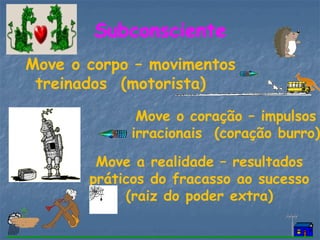 Move o corpo – movimentos
treinados (motorista)
Subconsciente
Move o coração – impulsos
irracionais (coração burro)
Move a realidade – resultados
práticos do fracasso ao sucesso
(raiz do poder extra)
 