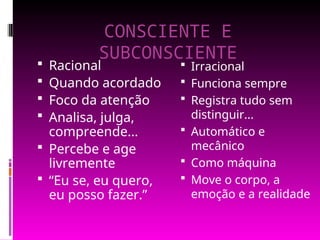 CONSCIENTE E
SUBCONSCIENTE
 Racional
 Quando acordado
 Foco da atenção
 Analisa, julga,
compreende...
 Percebe e age
livremente
 “Eu se, eu quero,
eu posso fazer.”
 Irracional
 Funciona sempre
 Registra tudo sem
distinguir...
 Automático e
mecânico
 Como máquina
 Move o corpo, a
emoção e a realidade
 