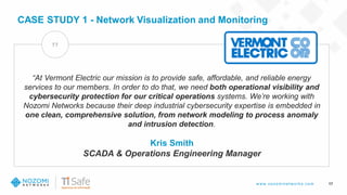 w w w .nozom inetw ork s.com
“At Vermont Electric our mission is to provide safe, affordable, and reliable energy
services to our members. In order to do that, we need both operational visibility and
cybersecurity protection for our critical operations systems. We’re working with
Nozomi Networks because their deep industrial cybersecurity expertise is embedded in
one clean, comprehensive solution, from network modeling to process anomaly
and intrusion detection.
“
17
Kris Smith
SCADA & Operations Engineering Manager
CASE STUDY 1 - Network Visualization and Monitoring
 