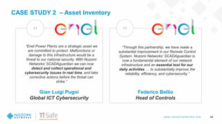 w w w .nozom inetw ork s.com 24
CASE STUDY 2 – Asset Inventory
“
“Enel Power Plants are a strategic asset we
are committed to protect. Malfunctions or
damage to this infrastructure would be a
threat to our national security. With Nozomi
Networks’ SCADAguardian we can now
detect and collect operational and
cybersecurity issues in real time, and take
corrective actions before the threat can
strike.”
“Through this partnership, we have made a
substantial improvement in our Remote Control
System. Nozomi Networks’ SCADAguardian is
now a fundamental element of our network
infrastructure and an essential tool for our
daily activities … to substantially improve the
reliability, efficiency, and cybersecurity.”
Gian Luigi Pugni
Global ICT Cybersecurity
Federico Bellio
Head of Controls
“
 