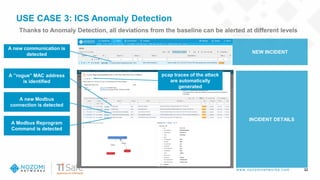 w w w .nozom inetw ork s.com
USE CASE 3: ICS Anomaly Detection
32
Thanks to Anomaly Detection, all deviations from the baseline can be alerted at different levels
A new communication is
detected
A ”rogue” MAC address
is identified
A new Modbus
connection is detected
INCIDENT DETAILS
A Modbus Reprogram
Command is detected
NEW INCIDENT
pcap traces of the attack
are automatically
generated
 
