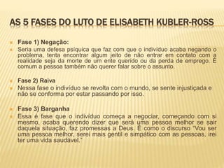 AS 5 FASES DO LUTO DE ELISABETH KUBLER-ROSS
 Fase 1) Negação:
 Seria uma defesa psíquica que faz com que o indivíduo acaba negando o
problema, tenta encontrar algum jeito de não entrar em contato com a
realidade seja da morte de um ente querido ou da perda de emprego. É
comum a pessoa também não querer falar sobre o assunto.
 Fase 2) Raiva
 Nessa fase o indivíduo se revolta com o mundo, se sente injustiçada e
não se conforma por estar passando por isso.
 Fase 3) Barganha
 Essa é fase que o indivíduo começa a negociar, começando com si
mesmo, acaba querendo dizer que será uma pessoa melhor se sair
daquela situação, faz promessas a Deus. É como o discurso “Vou ser
uma pessoa melhor, serei mais gentil e simpático com as pessoas, irei
ter uma vida saudável.”
 