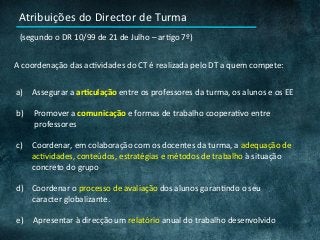 Atribuições	do	Director	de	Turma	
(segundo	o	DR	10/99	de	21	de	Julho	–	arCgo	7º)	
A	coordenação	das	acCvidades	do	CT	é	realizada	pelo	DT	a	quem	compete:	
a)  Assegurar	a	arUculação	entre	os	professores	da	turma,	os	alunos	e	os	EE	
b)					Promover	a	comunicação	e	formas	de	trabalho	cooperaCvo	entre	
									professores	
	
c)  Coordenar,	em	colaboração	com	os	docentes	da	turma,	a	adequação	de	
acCvidades,	conteúdos,	estratégias	e	métodos	de	trabalho	à	situação	
concreto	do	grupo	
	
d)				Coordenar	o	processo	de	avaliação	dos	alunos	garanCndo	o	seu	
								caracter	globalizante.	
	
e)					Apresentar	à	direcção	um	relatório	anual	do	trabalho	desenvolvido		
 