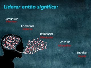 Liderar então signiﬁca:
Comunicar	
Coordenar	
Inﬂuenciar	
Orientar	
Envolver	
Informar	
Ordenar	
Atrapalhar	
Dividir	
Manipular	
 