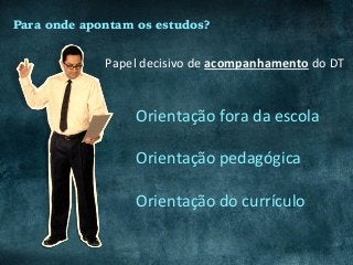 Para onde apontam os estudos?
Papel	decisivo	de	acompanhamento	do	DT	
Orientação	fora	da	escola	
	
Orientação	pedagógica	
	
Orientação	do	currículo	
 