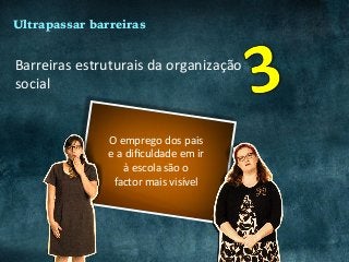 Barreiras	estruturais	da	organização		
social	
O	emprego	dos	pais	
e	a	diﬁculdade	em	ir	
à	escola	são	o	
factor	mais	visível	
Ultrapassar barreiras
 