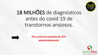 18 MILHÕES de diagnósticos
antes do covid 19 de
transtornos ansiosos.
Pós covid um aumento de 25%
aproximadamente.
 