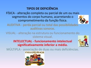 TIPOS DE DEFICIÊNCIA
FÍSICA - alteração completa ou parcial de um ou mais
     segmentos do corpo humano, acarretando o
          comprometimento da função física.
 AUDITIVA - perda parcial ou total das possibilidades
                   auditivas sonoras.
VISUAL - alteração na estrutura ou funcionamento do
                     sistema visual.
      INTELECTUAL - funcionamento intelectual
         significativamente inferior a média.
MÚLTIPLA - associação de duas ou mais deficiências.
 