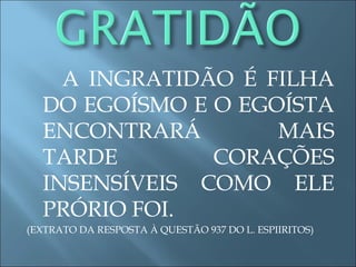 A INGRATIDÃO É FILHA
DO EGOÍSMO E O EGOÍSTA
ENCONTRARÁ MAIS
TARDE CORAÇÕES
INSENSÍVEIS COMO ELE
PRÓRIO FOI.
(EXTRATO DA RESPOSTA À QUESTÃO 937 DO L. ESPIIRITOS)
 