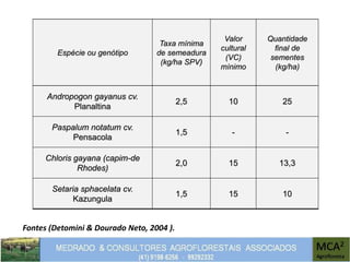 Fontes (Detomini & Dourado Neto, 2004 ).
Espécie ou genótipo
Taxa mínima
de semeadura
(kg/ha SPV)
Valor
cultural
(VC)
mínimo
Quantidade
final de
sementes
(kg/ha)
Andropogon gayanus cv.
Planaltina
2,5 10 25
Paspalum notatum cv.
Pensacola
1,5 - -
Chloris gayana (capim-de
Rhodes)
2,0 15 13,3
Setaria sphacelata cv.
Kazungula
1,5 15 10
 