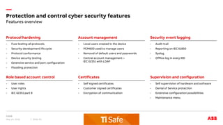 —
Protection and control cyber security features
May 14, 2018 Slide 20
Protocol hardening Account management Security event logging
Role based account control Certificates Supervision and configuration
- Fuzz testing all protocols
- Security development life cycle
- Protocol conformance
- Device security testing
- Extensive service and port configuration
- Flooding protection
- Local users created in the device
- PCM600 used to manage users
- Removal of default users and passwords
- Central account management –
IEC 62351 with LDAP
- Audit trail
- Reporting on IEC 61850
- Syslog
- Offline log in every IED
- User roles
- User rights
- IEC 62351 part 8
- Self signed certificates
- Customer signed certificates
- Encryption of communication
- Self supervision of hardware and software
- Denial of Service protection
- Extensive configuration possibilities
- Maintenance menu
Features overview
 