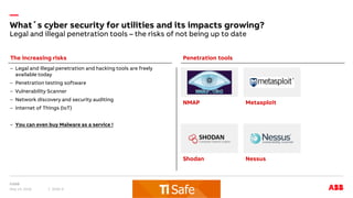 —
Legal and illegal penetration tools – the risks of not being up to date
What´s cyber security for utilities and its impacts growing?
May 14, 2018 Slide 9
– Legal and illegal penetration and hacking tools are freely
available today
– Penetration testing software
– Vulnerability Scanner
– Network discovery and security auditing
– Internet of Things (IoT)
– You can even buy Malware as a service !
The increasing risks Penetration tools
NMAP Metasploit
Shodan Nessus
 