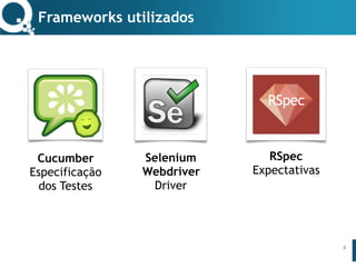 www.qualister.com.brwww.qualister.com.br
Texto do Título
• Nível de Corpo Um
– Nível de Corpo Dois
• Nível de Corpo Três
– Nível de Corpo Quatro
» Nível de Corpo Cinco
Cucumber
Especificação
dos Testes
Frameworks utilizados
4
Selenium
Webdriver
Driver
RSpec
Expectativas
 