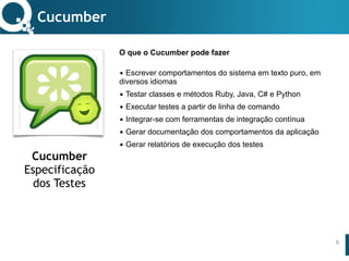 www.qualister.com.brwww.qualister.com.br
Texto do Título
• Nível de Corpo Um
– Nível de Corpo Dois
• Nível de Corpo Três
– Nível de Corpo Quatro
» Nível de Corpo Cinco
O que o Cucumber pode fazer
▪ Escrever comportamentos do sistema em texto puro, em
diversos idiomas
▪ Testar classes e métodos Ruby, Java, C# e Python
▪ Executar testes a partir de linha de comando
▪ Integrar-se com ferramentas de integração contínua
▪ Gerar documentação dos comportamentos da aplicação
▪ Gerar relatórios de execução dos testes
Cucumber
6
Cucumber
Especificação
dos Testes
 