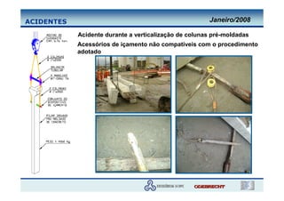 ACIDENTES                                              Janeiro/2008

            Acidente durante a verticalização de colunas pré-moldadas
            Acessórios de içamento não compatíveis com o procedimento
            adotado
 