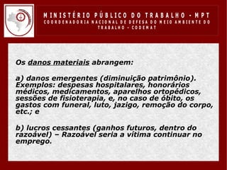 M IN IS T É R IO P Ú B LIC O D O T R A B A LH O - M P T
         CO O R D EN AD O R IA N ACIO N AL D E D EFESA D O M EIO AM BIEN TE D O
                                  TRABALHO – CODEM AT




• Os danos materiais abrangem:

• a) danos emergentes (diminuição patrimônio).
  Exemplos: despesas hospitalares, honorários
  médicos, medicamentos, aparelhos ortopédicos,
  sessões de fisioterapia, e, no caso de óbito, os
  gastos com funeral, luto, jazigo, remoção do corpo,
  etc.; e

• b) lucros cessantes (ganhos futuros, dentro do
  razoável) – Razoável seria a vítima continuar no
  emprego.
 