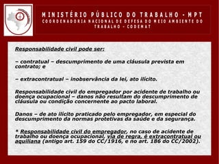 M IN IS T É R IO P Ú B LIC O D O T R A B A LH O - M P T
              CO O R D EN AD O R IA N ACIO N AL D E D EFESA D O M EIO AM BIEN TE D O
                                       TRABALHO – CODEM AT




•   Responsabilidade civil pode ser:

•   – contratual – descumprimento de uma cláusula prevista em
    contrato; e

•   – extracontratual – inobservância da lei, ato ilícito.

•   Responsabilidade civil do empregador por acidente de trabalho ou
    doença ocupacional – danos não resultam do descumprimento de
    cláusula ou condição concernente ao pacto laboral.

•   Danos – de ato ilícito praticado pelo empregador, em especial do
    descumprimento da normas protetivas da saúde e da segurança.

•   * Responsabilidade civil do empregador, no caso de acidente de
    trabalho ou doença ocupacional, via de regra, é extracontratual ou
    aquiliana (antigo art. 159 do CC/1916, e no art. 186 do CC/2002).
 